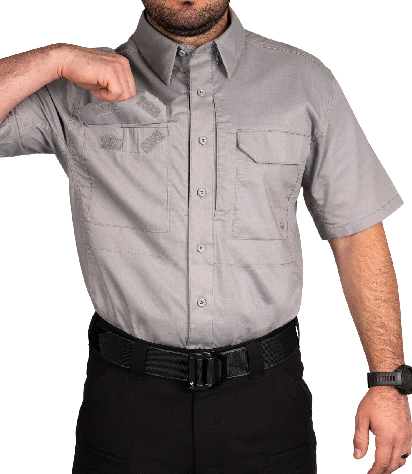 Hook and Loop Front Pocket on Men's V2 Tactical Short Sleeve Shirt in Nickel Grey