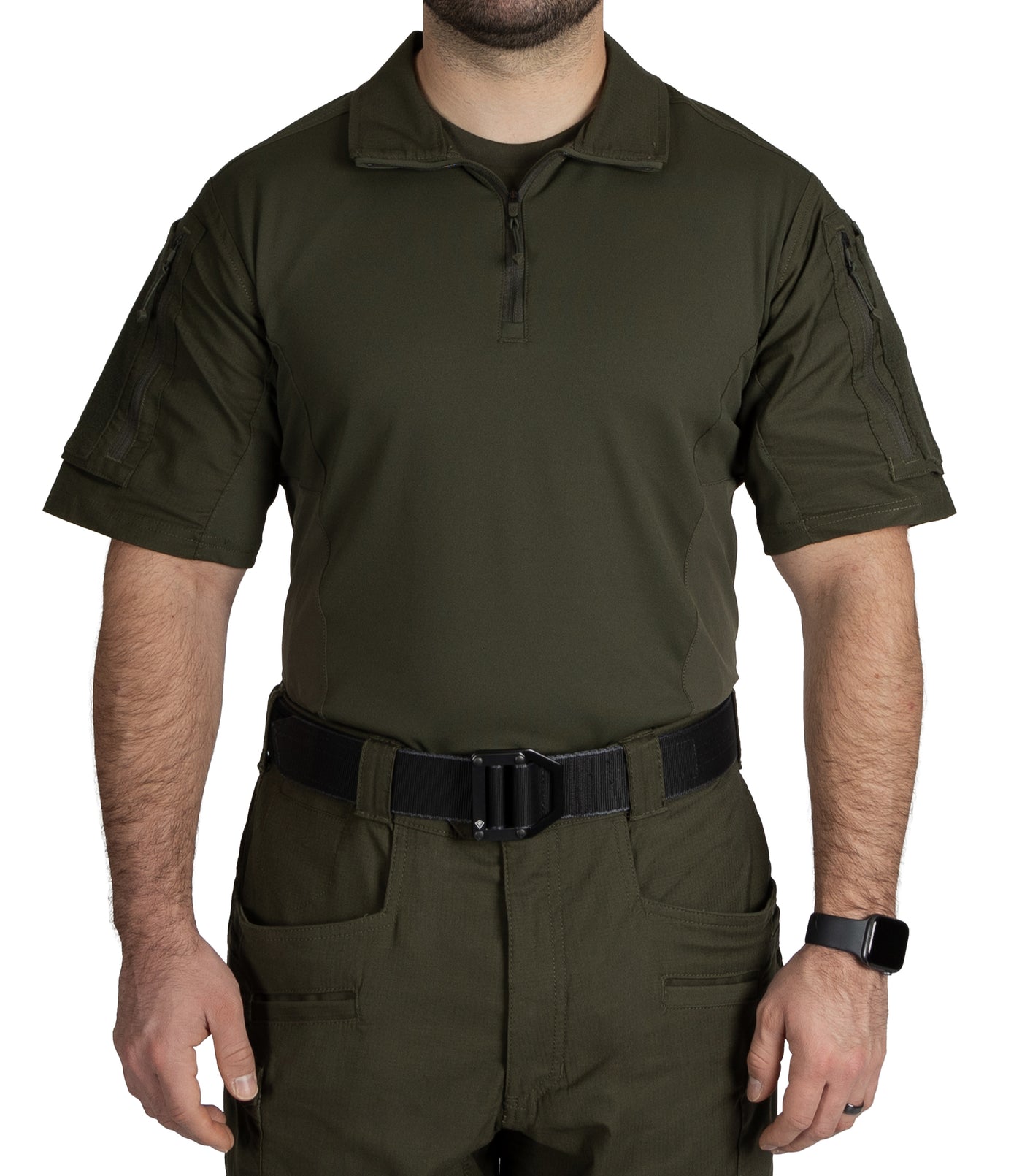 Front of Men's Defender Short Sleeve Shirt in OD Green