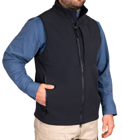 Side Pocket with Zipper Closure on Tactix Softshell Vest in Midnight Navy