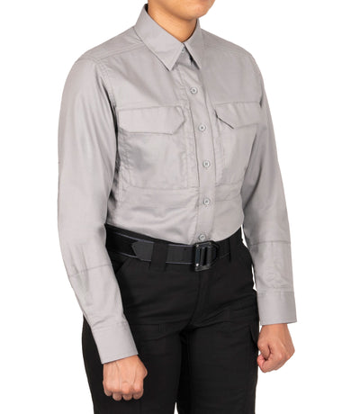 Front 1/4 of Women's V2 Tactical Long Sleeve Shirt in Nickel Grey