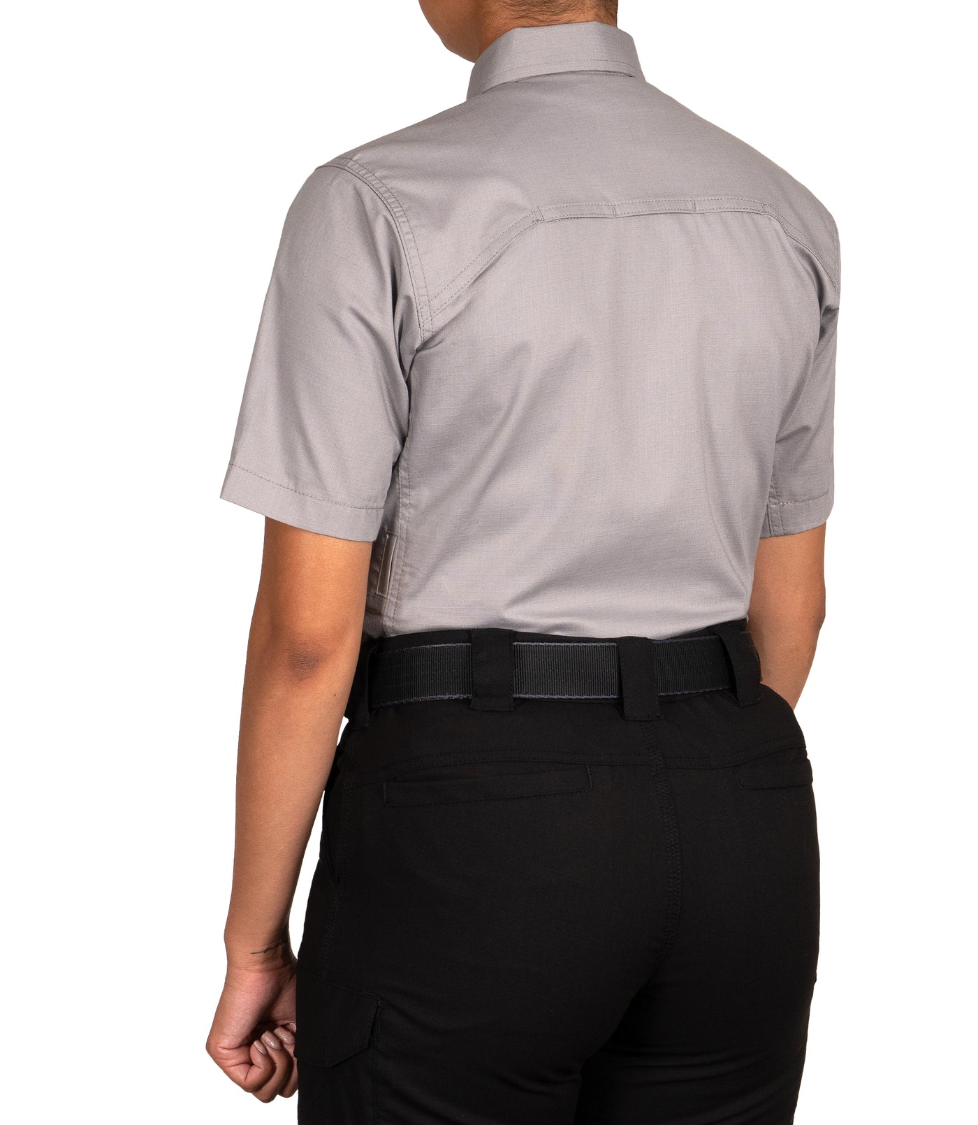 Back 1/4 of Women's V2 Tactical Short Sleeve Shirt in Nickel Grey