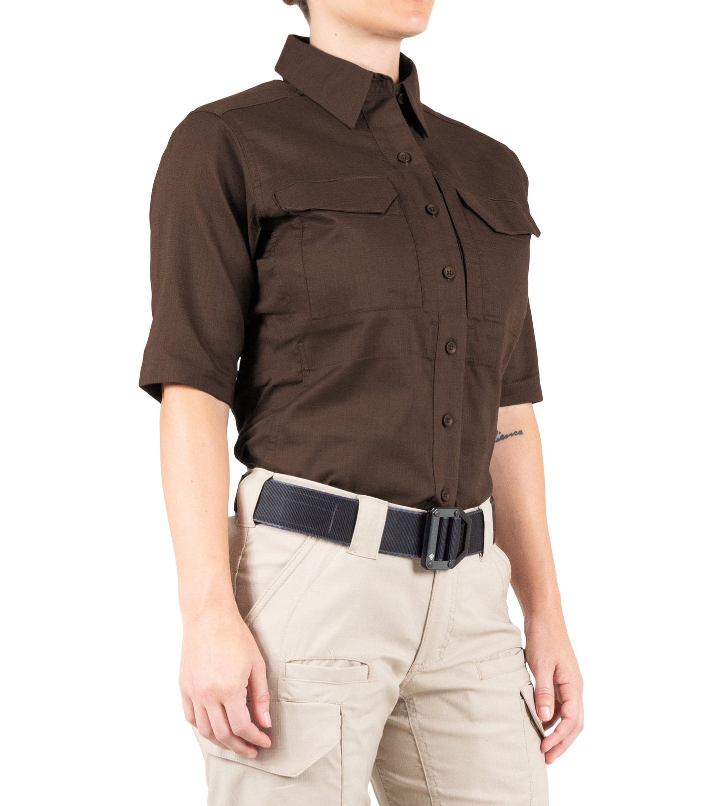 Side of Women's V2 Tactical Short Sleeve Shirt in Kodiak Brown