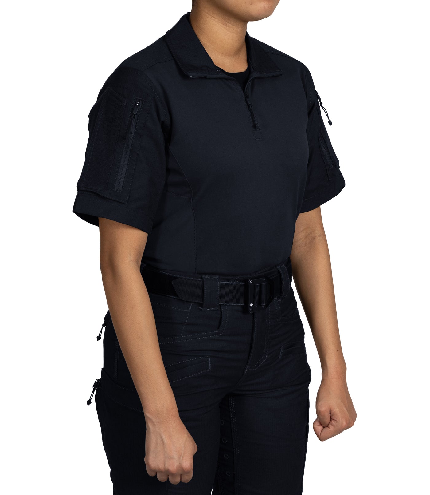 Front Side of Women's Defender Short Sleeve Shirt in Midnight Navy