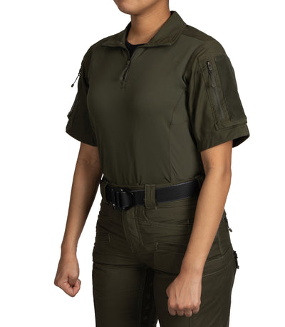 Front Side of Women's Defender Short Sleeve Shirt in OD Green