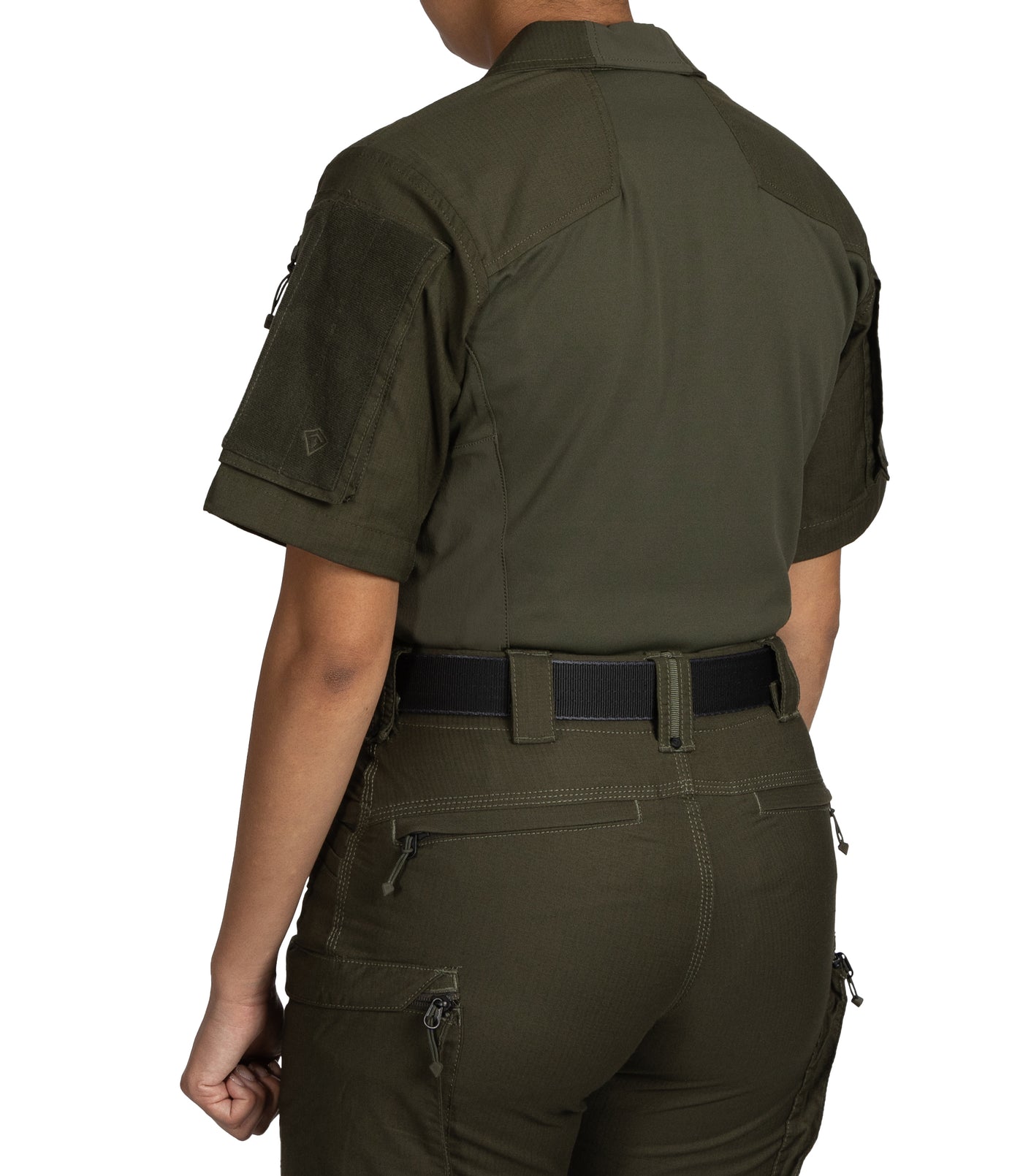 Back Side of Women's Defender Short Sleeve Shirt in OD Green