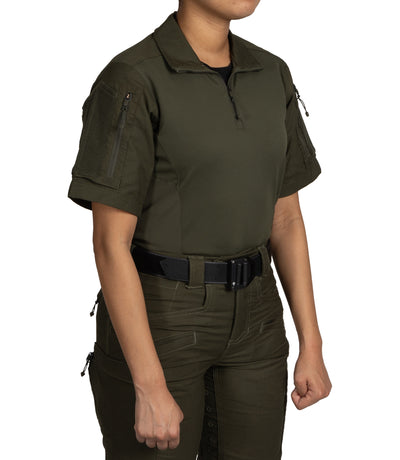 Front Side of Women's Defender Short Sleeve Shirt in OD Green