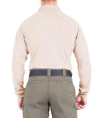 Back of Men's Performance Long Sleeve Polo in Khaki