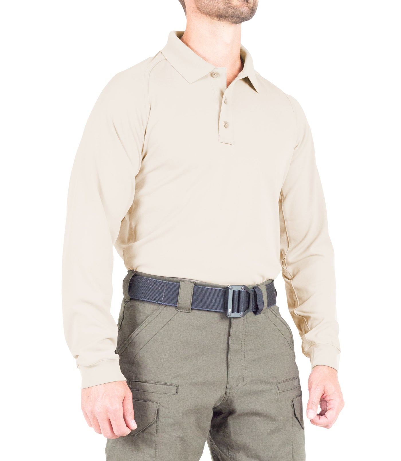 Side of Men's Performance Long Sleeve Polo in Silver Tan