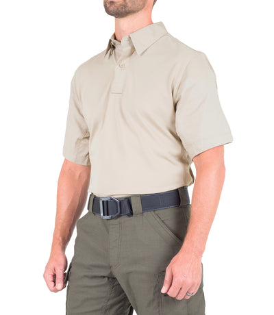 Side of Men's V2 Pro Performance Short Sleeve Shirt in Khaki