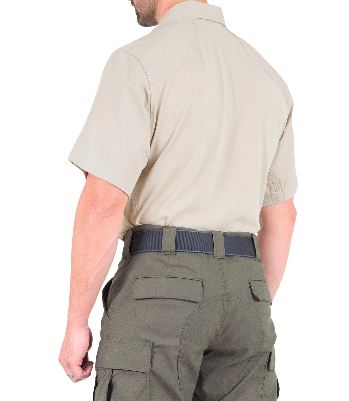 Side of Men's V2 Pro Performance Short Sleeve Shirt in Khaki