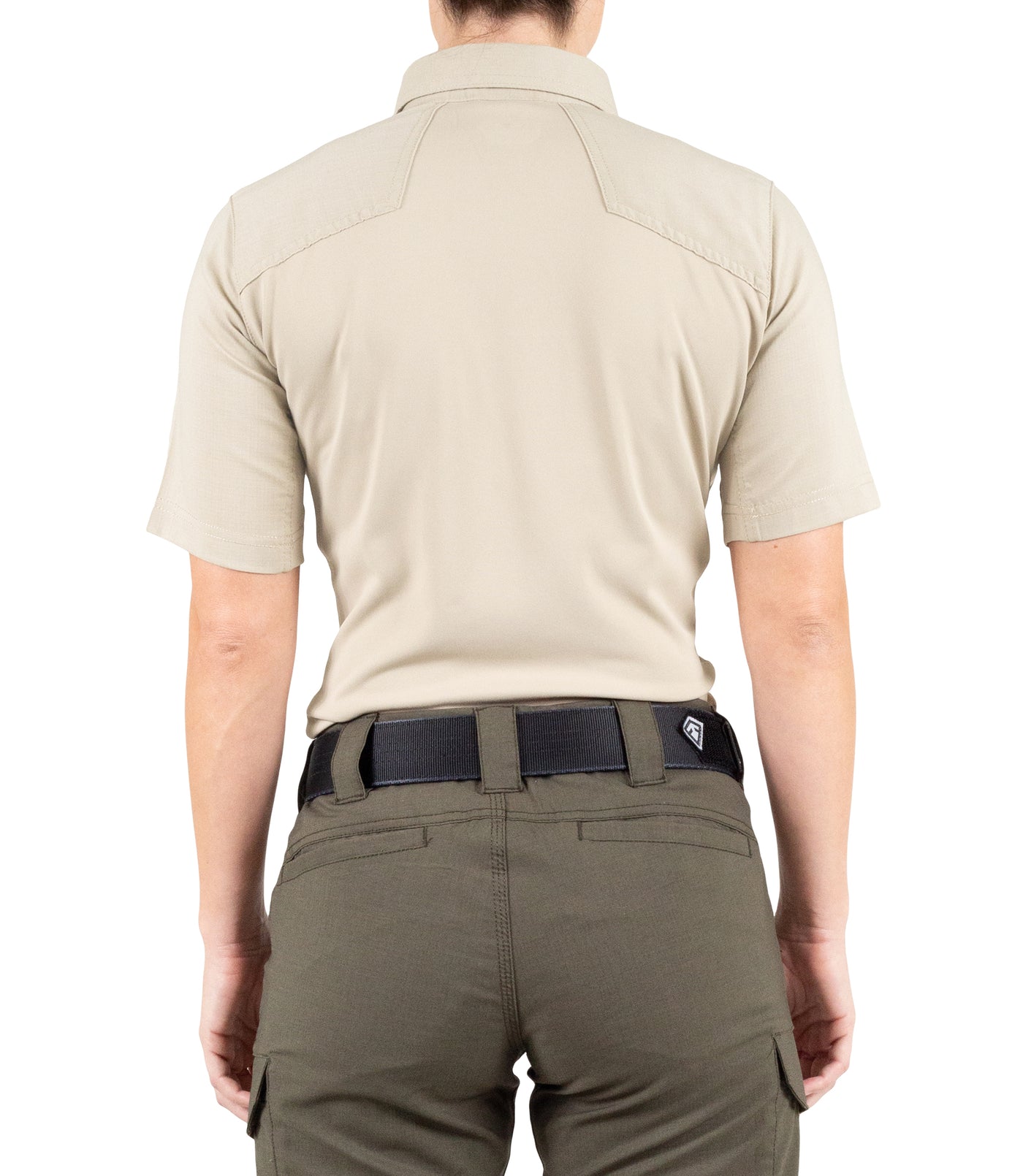 Back of Women's V2 Pro Performance Short Sleeve Shirt in Silver Tan