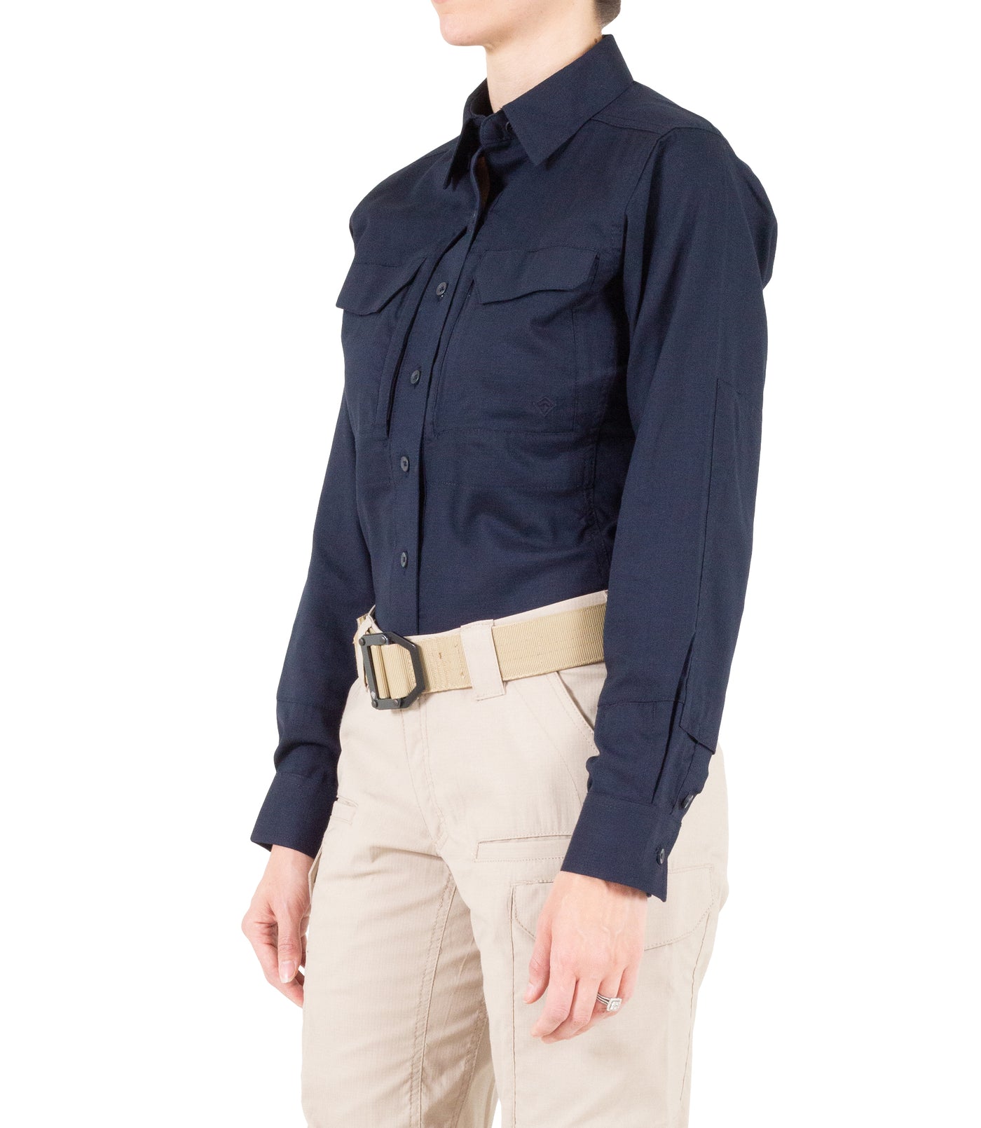 Side of Women's V2 Tactical Long Sleeve Shirt in Midnight Navy