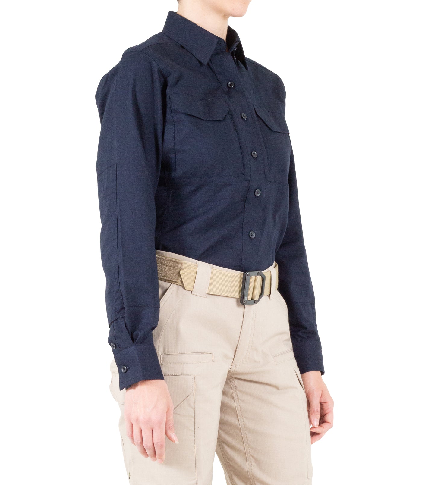 Side of Women's V2 Tactical Long Sleeve Shirt in Midnight Navy